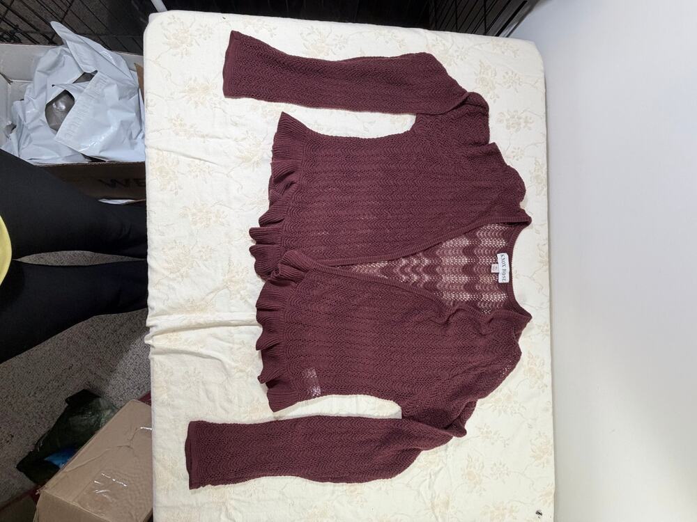 Knox Rose Women's Burgundy Open Knit Ruffle Hem Sweater
